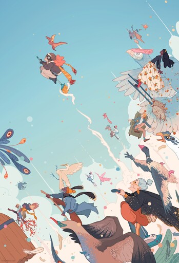 an illustration of nine different people flying on wildly different magic objects including various brooms, a tree branch, a hobby horse, a vacuum cleaner, and a chair; each one is accompanied by birds as varied as their mounts; there's a large area of open blue sky where the publisher would put the book's titles