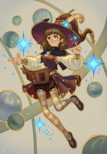 an illustration of a stylish maroon/white/yellow magic user girl levitating and wielding sparkly blue stars all around her; she floats near a faded planetarium-like ceiling with planet-like orbs floating nearby