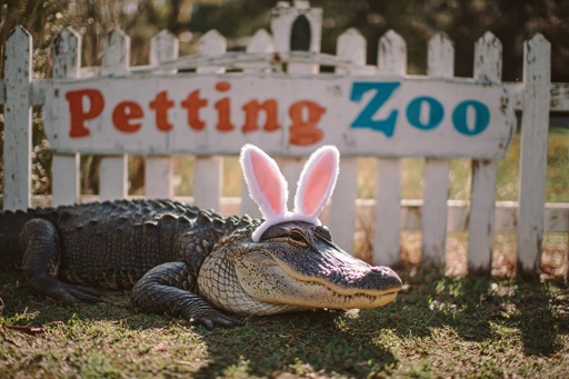 An alligator wearing fluffy bunny ears  in a grass field. A sign in the background reads "Petting Zoo". 
