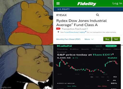 top: winnie the pooh, disheveled, low-iq, low net-worth, looking at a boring boomer-ass stock index fund
bottom: alpha pooh, on his grindset, cashmaxxing looking at a kalshi bet on the stock index