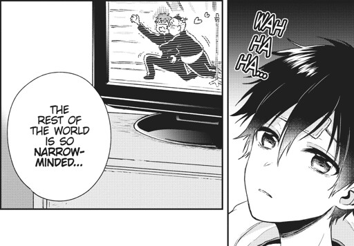 Panel 1: "WAH HA HA..." is said coming from a TV. There is a tired looking boy with a cooling gel patch on his forehead. Panel 2: A TV with a caricaturesque effeminate boy hugging and kissing the cheek of another boy who is trying to run away. A dialogue bubble reads "The rest of the world is so narrowminded..."