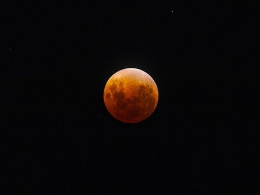 A full moon, tinted in orange and red, during the peak of the eclipse.  Stars are visible in the background of the night sky